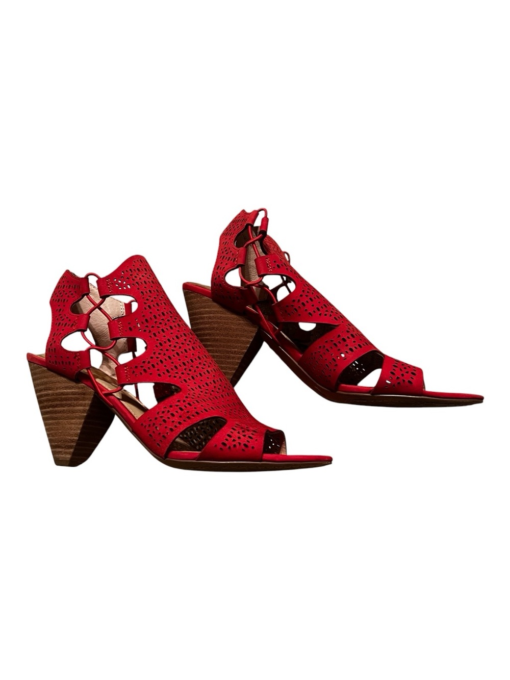 Vince Camuto Red Laser-Cut Cutout Heeled Sandals - Picture 6 of 6